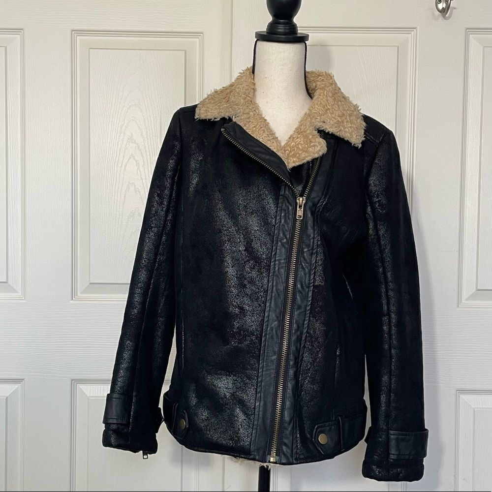 Jealous Tomato Shearling and Vegan Leather Rich Brown Bomber Jacket, Large